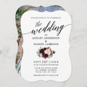 Calligraphy Burgundy Blue Floral Foto Wedding Einladung (Vorne/Hinten)