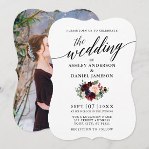 Calligraphy Burgundy Blue Floral Foto Wedding Einladung