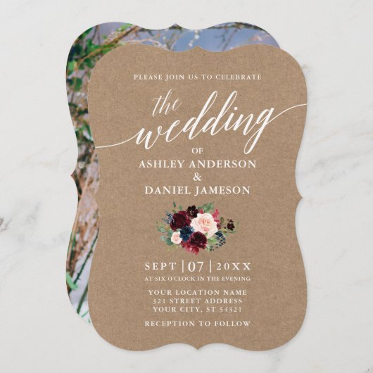 Calligraphy Burgundy Blue Floral Kraft Foto Einladung (Vorne/Hinten)