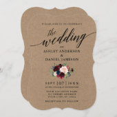 Calligraphy Burgundy Blue Floral Kraft Wedding Einladung (Vorne/Hinten)