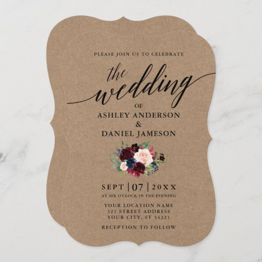 Calligraphy Burgundy Blue Floral Kraft Wedding Einladung (Vorne/Hinten)
