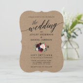 Calligraphy Burgundy Blue Floral Kraft Wedding Einladung (Stehend Vorderseite)