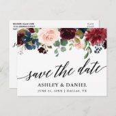 Calligraphy Burgundy Blue Floral Save the Date Postkarte (Vorne/Hinten)