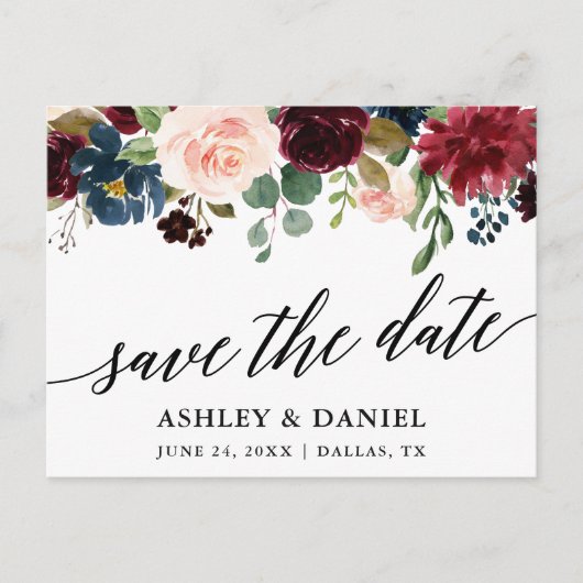 Calligraphy Burgundy Blue Floral Save the Date Postkarte (Vorderseite)