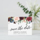Calligraphy Burgundy Blue Floral Save the Date Postkarte (Stehend Vorderseite)