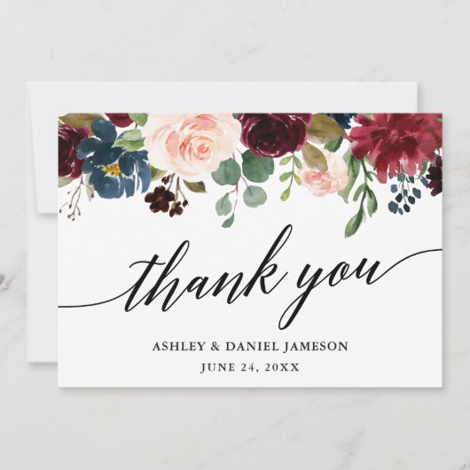 Calligraphy Burgundy Blue Floral Wedding Dankeskarte (Vorderseite)