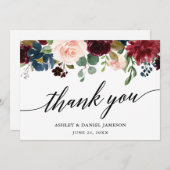 Calligraphy Burgundy Blue Floral Wedding Dankeskarte (Vorne/Hinten)