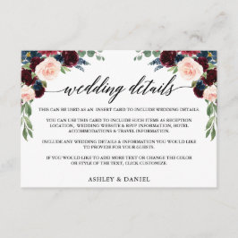 Calligraphy Burgundy Blue Floral Wedding Details Begleitkarte