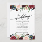 Calligraphy Burgundy Blue Floral Wedding Einladung (Vorderseite)