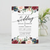 Calligraphy Burgundy Blue Floral Wedding Einladung (Stehend Vorderseite)