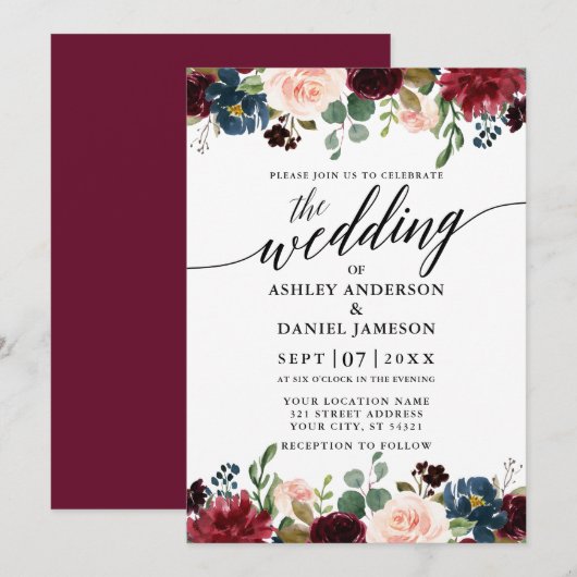 Calligraphy Burgundy Blue Floral Wedding Einladung (Vorne/Hinten)
