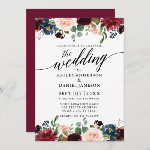 Calligraphy Burgundy Blue Floral Wedding Einladung