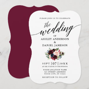 Calligraphy Burgundy Blue Floral Wedding Einladung