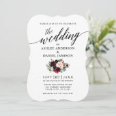 Calligraphy Burgundy Blue Floral Wedding Einladung (Stehend Vorderseite)