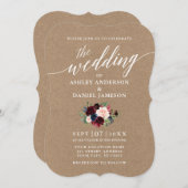 Calligraphy Burgundy Blue Floral Wedding Kraft Einladung (Vorne/Hinten)