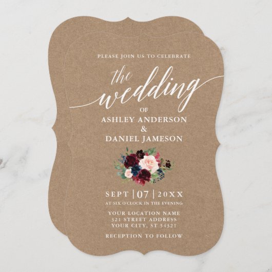 Calligraphy Burgundy Blue Floral Wedding Kraft Einladung (Vorne/Hinten)