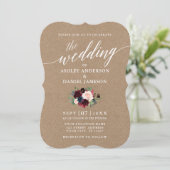 Calligraphy Burgundy Blue Floral Wedding Kraft Einladung (Stehend Vorderseite)