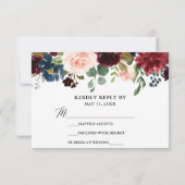 Calligraphy Burgundy Blue Floral Wedding RSVP Karte (Rückseite)