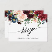 Calligraphy Burgundy Blue Floral Wedding RSVP Karte (Vorne/Hinten)