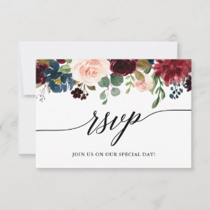 Calligraphy Burgundy Blue Floral Wedding RSVP Meet