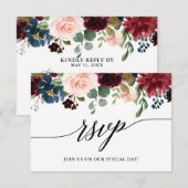 Calligraphy Burgundy Blue Floral Wedding RSVP Meet Karte (Vorne/Hinten)