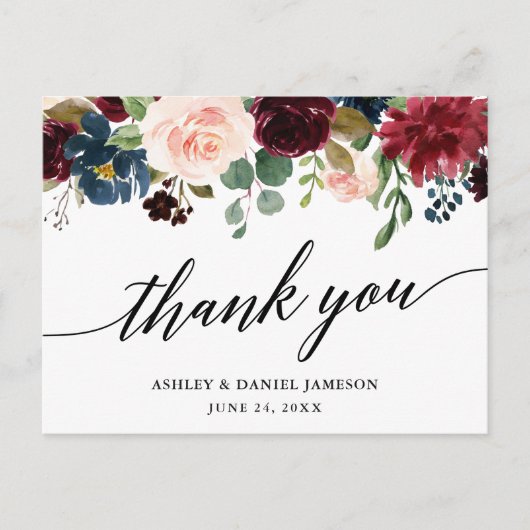 Calligraphy Burgundy Blue Floral Wedding Vielen Da Postkarte (Vorderseite)