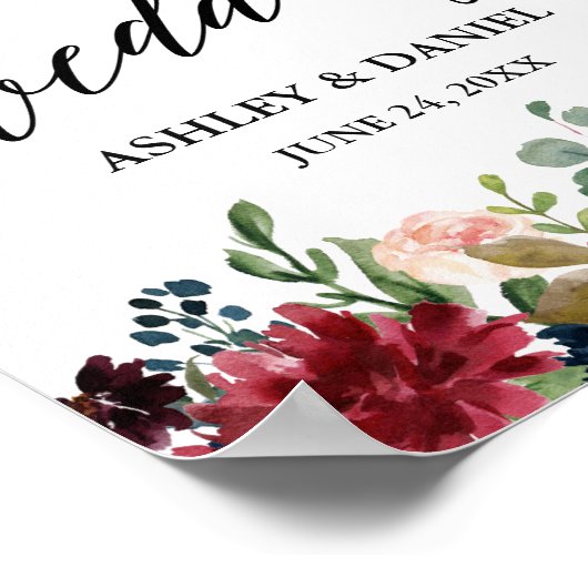 Calligraphy Burgundy Blue Floral Wedding Willkomme Poster (Ecke)