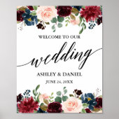 Calligraphy Burgundy Blue Floral Wedding Willkomme Poster (Vorne)
