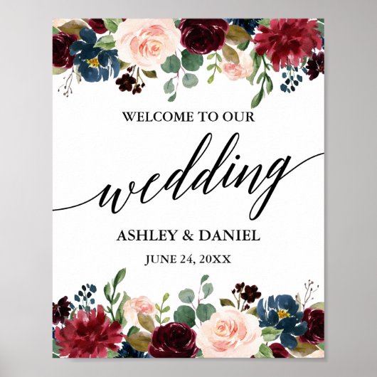 Calligraphy Burgundy Blue Floral Wedding Willkomme Poster (Vorne)