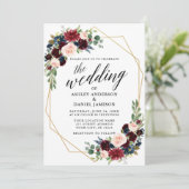 Calligraphy Burgundy Blue Geometric Gold Wedding Einladung (Stehend Vorderseite)