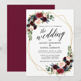 Calligraphy Burgundy Blue Geometric Gold Wedding Einladung