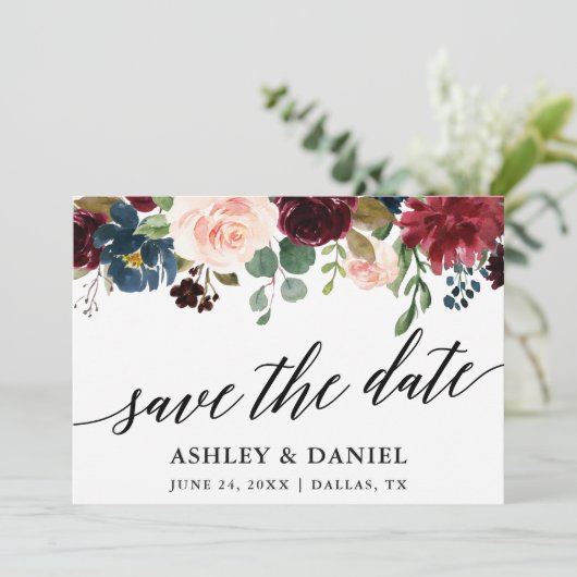 Calligraphy Burgundy Blue Save the Date Card Dankeskarte (Stehend Vorderseite)
