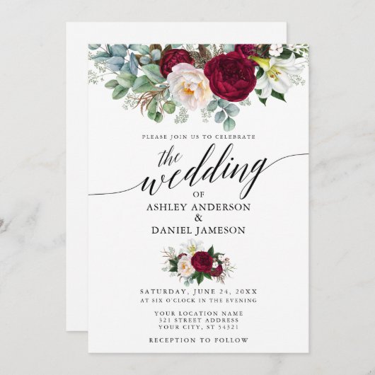 Calligraphy Burgundy Blumengrün Wedding W Einladung (Vorne/Hinten)