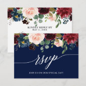 Calligraphy Burgundy Floral Blue Wedding RSVP Meet (Vorne/Hinten)