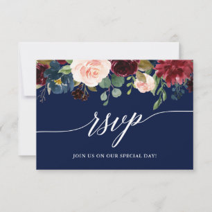 Calligraphy Burgundy Floral Blue Wedding RSVP Meet Karte