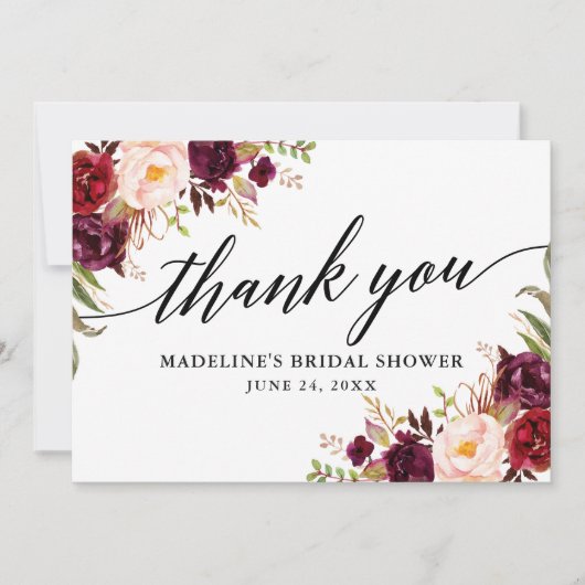 Calligraphy Burgundy Floral Brautparty Dankeskarte (Vorderseite)