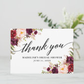 Calligraphy Burgundy Floral Brautparty Dankeskarte (Stehend Vorderseite)