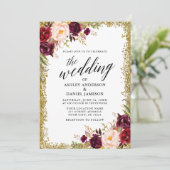 Calligraphy Burgundy Floral Gold Glitzer Wedding Einladung (Stehend Vorderseite)