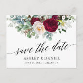 Calligraphy Burgundy Floral Greenery Save The Date Postkarte (Vorderseite)