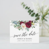Calligraphy Burgundy Floral Greenery Save The Date Postkarte (Stehend Vorderseite)