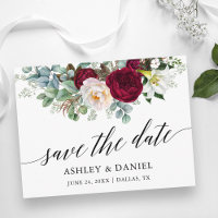 Calligraphy Burgundy Floral Greenery Save The Date