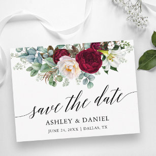Calligraphy Burgundy Floral Greenery Save The Date Postkarte