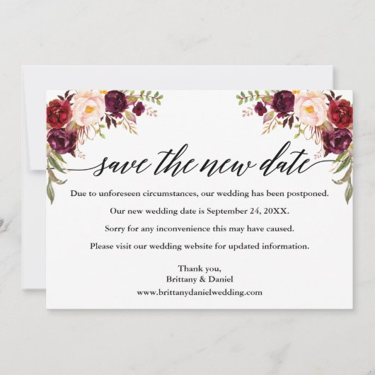 Calligraphy Burgundy Floral Rette die neue Datumsk Save The Date (Vorderseite)