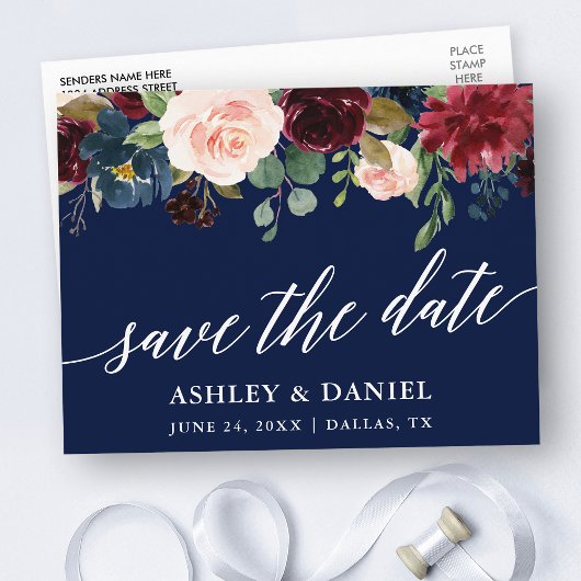 Calligraphy Burgundy Floral Save the Date Blue Postkarte