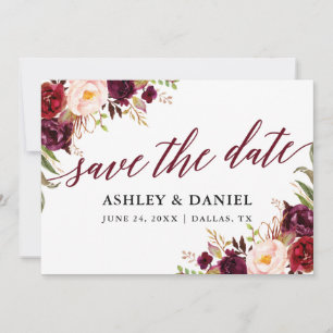 Calligraphy Burgundy Floral Save the Date Card Dankeskarte