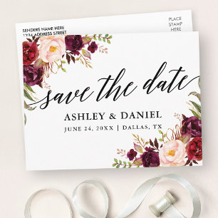 Calligraphy Burgundy Floral Save the Date Postkarte