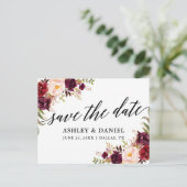 Calligraphy Burgundy Floral Save the Date Postkarte (Stehend Vorderseite)