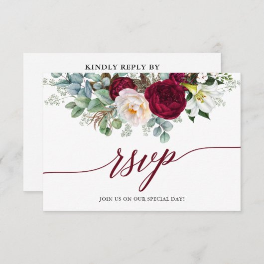 Calligraphy Burgundy Floral UAWG Wedding Card RSVP Karte (Vorne/Hinten)