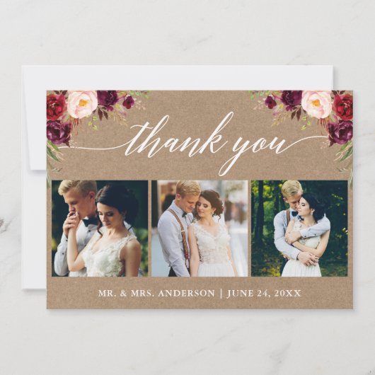 Calligraphy Burgundy Floral Wedding 3 Foto Kraft Dankeskarte (Vorderseite)