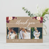 Calligraphy Burgundy Floral Wedding 3 Foto Kraft Dankeskarte (Stehend Vorderseite)